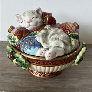 Fitz & Floyd Rare Holiday Cat ornament candy jar ceramic